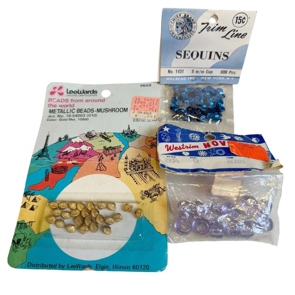 Vintage LeeWards Beads & Sequins Craft Lot Multicolor Supplies Mushroom Beads